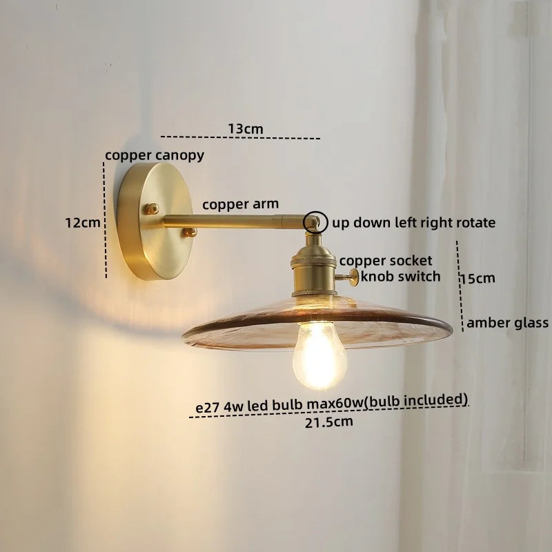 Afralia™ Glass Copper LED Wall Lamp with Knob Switch for Modern Home Decor