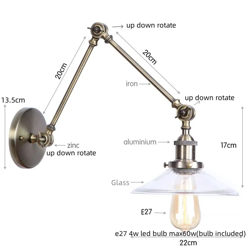 Afralia™ Vintage Loft Glass Swing Arm Wall Lamps