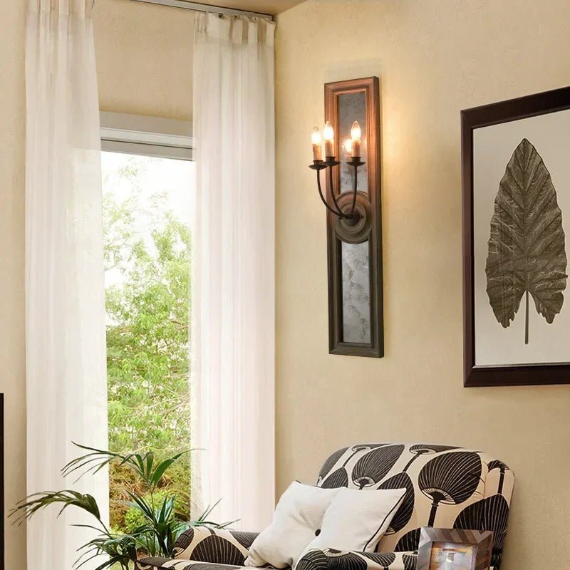 Afralia™ Wooden Mirror Frame Wall Lamp: Vintage French Style Candle Lamp for Living Room & Bedroom
