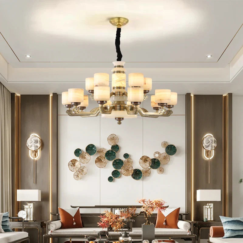 Afralia™ New Chinese Style Chandelier Living Room Light Restaurant Modern Jade Villa Large Pendant Light
