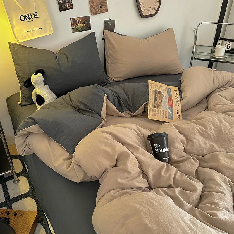 Afralia™ Two-Tone Washed Cotton Bedding Set Soft Duvet Cover for Student Dorm Home