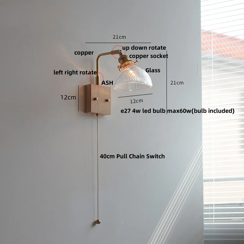 Afralia™ Brass Walnut Wood LED Wall Sconce with Pull Chain Switch & Flower Glass