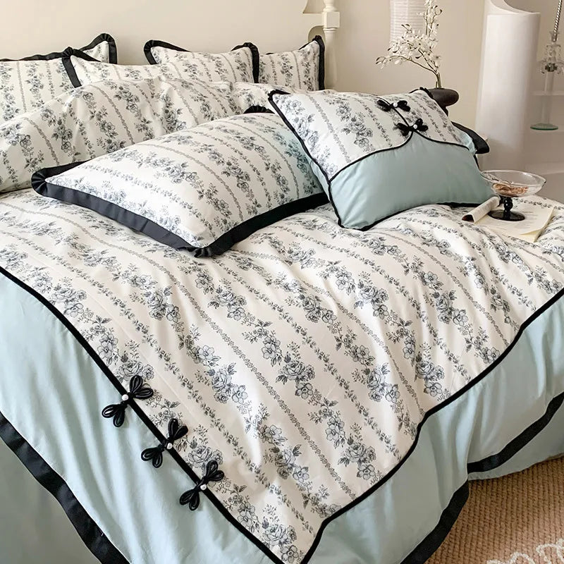 Afralia™ Floral Retro Pleated Cotton Bedding Set for Cozy Comfort and Style