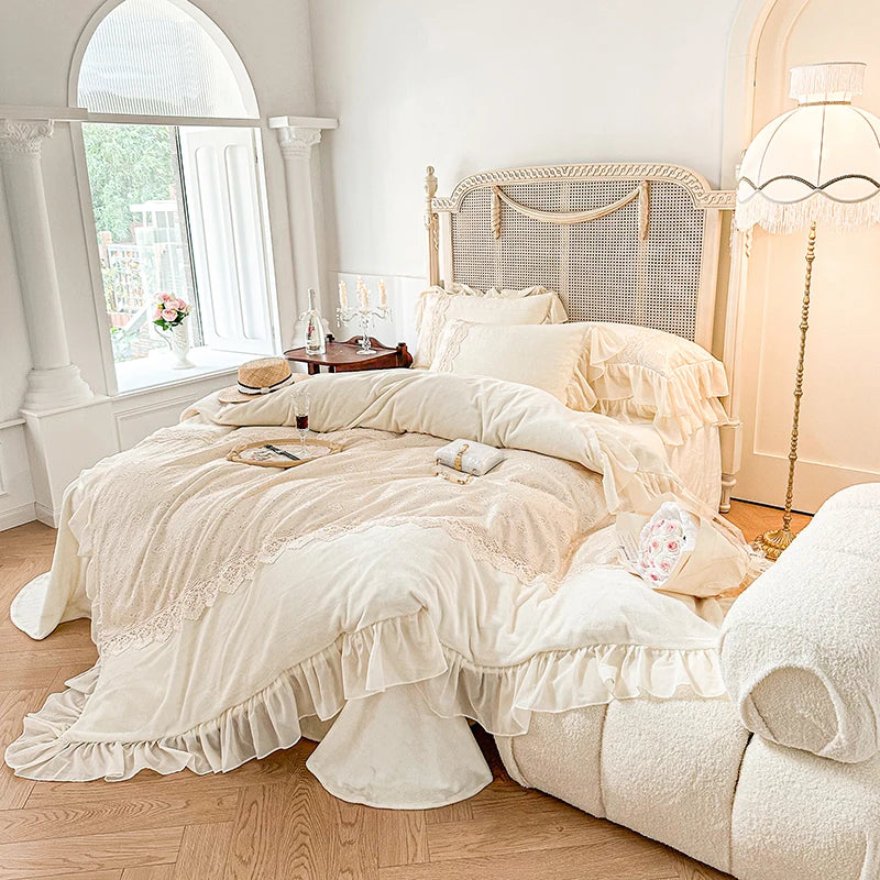 Afralia™ Velvet Fleece Lace Ruffles Bedding Set, French Palace Patchwork, Queen & King Sizes
