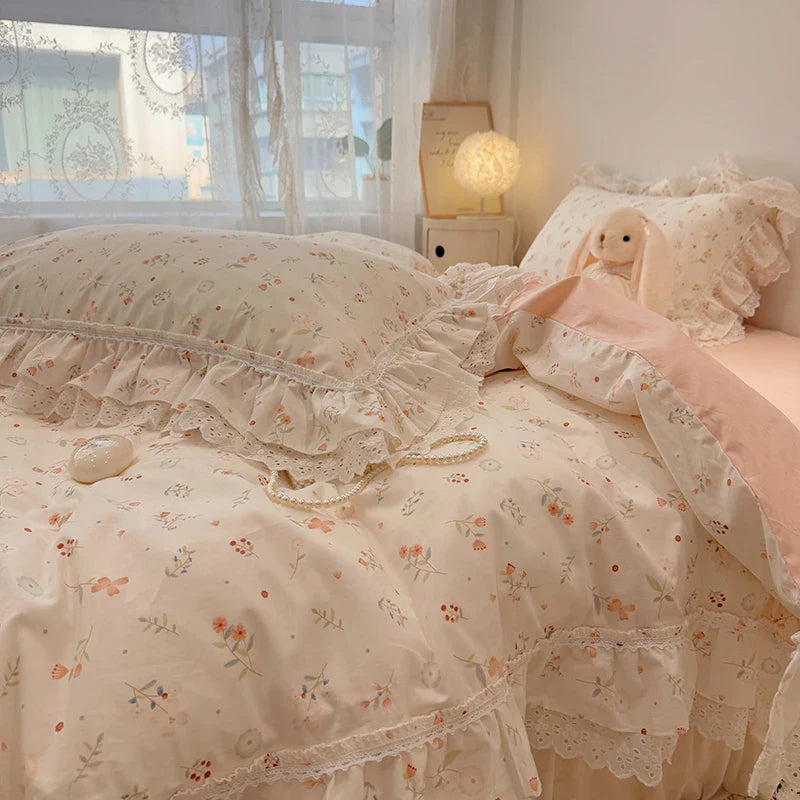 Afralia™ Korean Princess Style Floral Lace Ruffles Bedding Set with Pillowcase