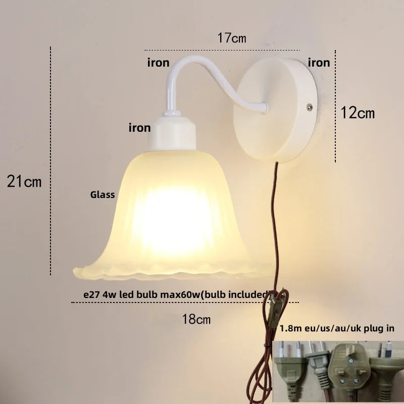 Afralia™ Glass Iron LED Wall Sconce Pull Chain Switch Stair Light Fixture for Bedroom