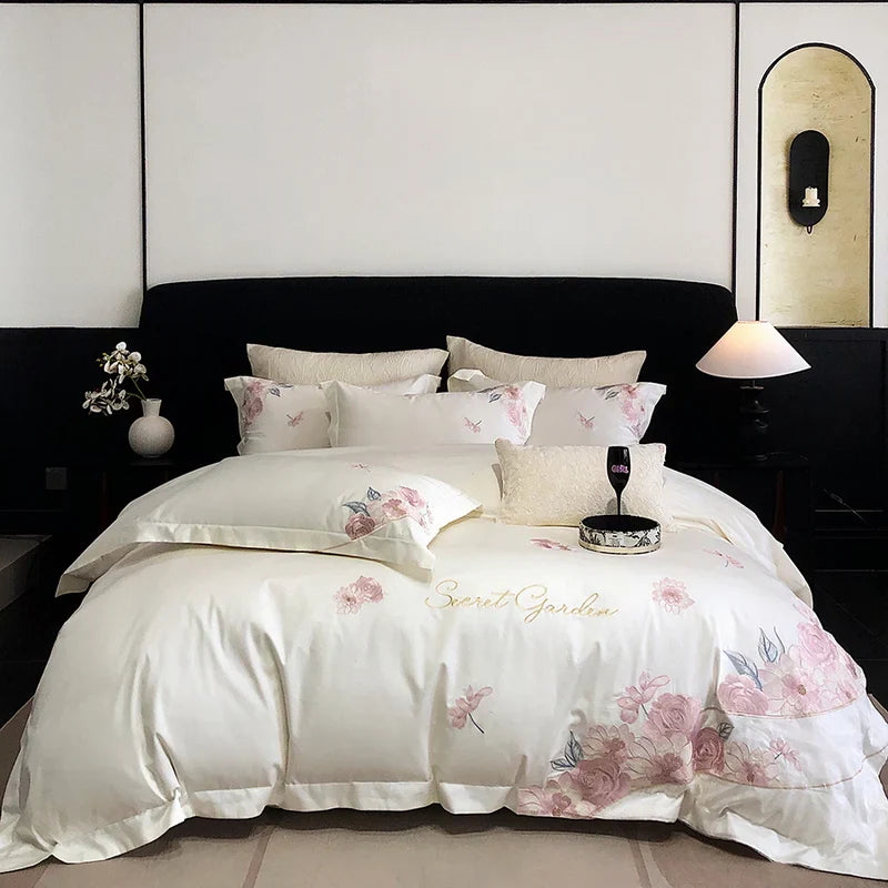 Afralia™ Luxury Flowers Embroidery Bedding Set 600TC Egyptian Cotton Duvet Cover Queen King Size