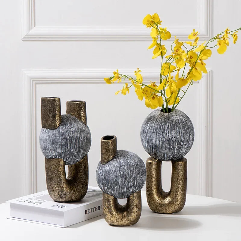 Afralia™ Golden Stripe Geometric Ceramic Vase - Abstract Floral Arrangement Home Decor