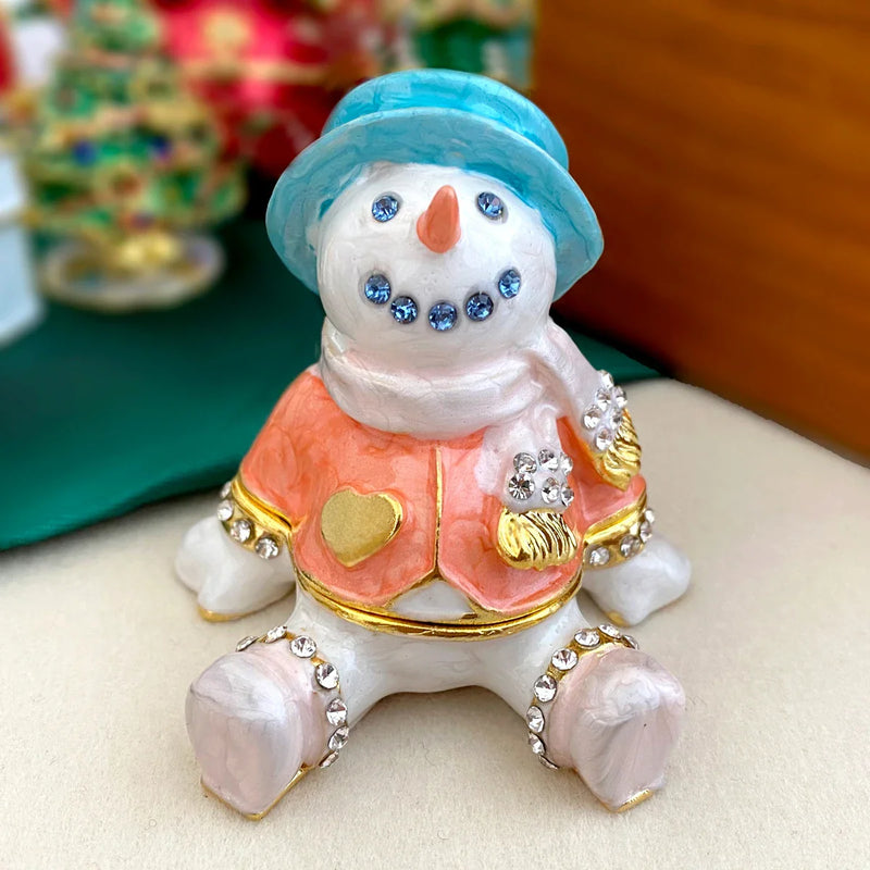 Afralia™ Metal Snowman Trinket Box Hand Painted Crystal Figurine Christmas Home Decor Gift