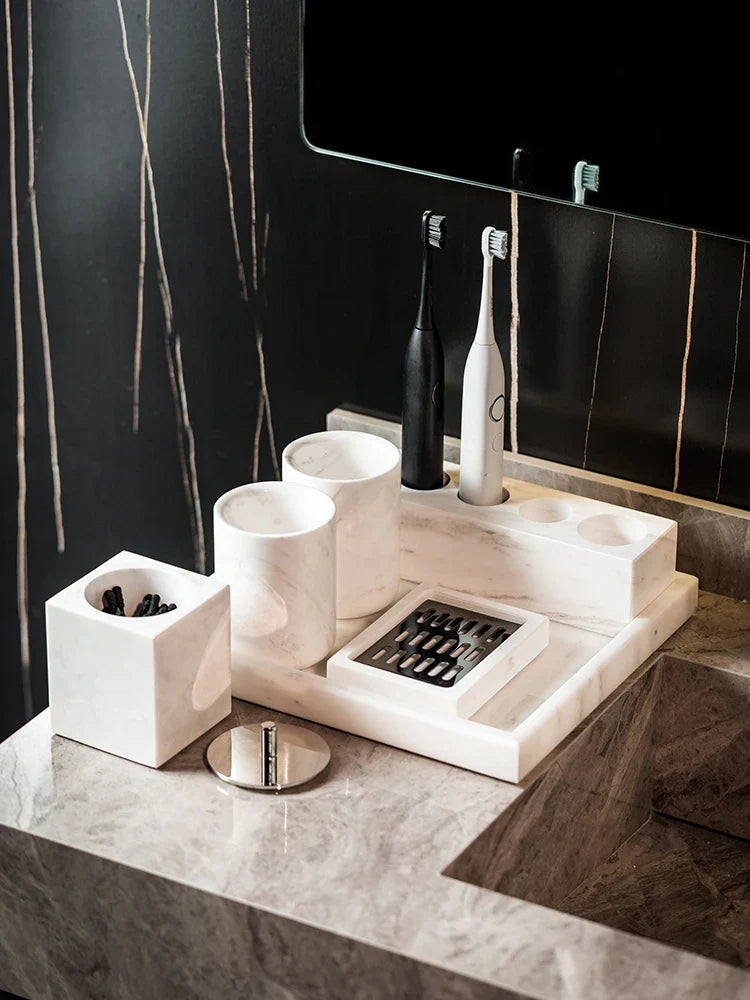 Afralia™ Volakas White Marble Bathroom Set - Soap Dispenser, Tissue Box, Tray