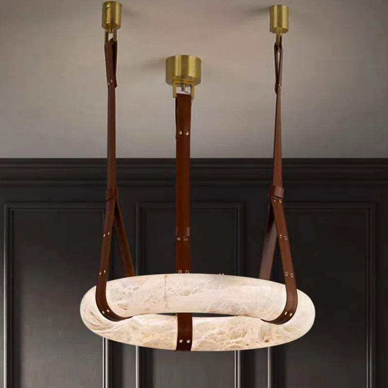 Afralia™ Modern Brown Leather Round Ring Lucite Pendant Light