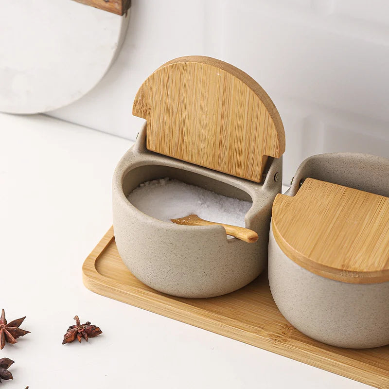 Afralia™ Ceramic Seasoning Jar Set with Bamboo Lid and Spoon