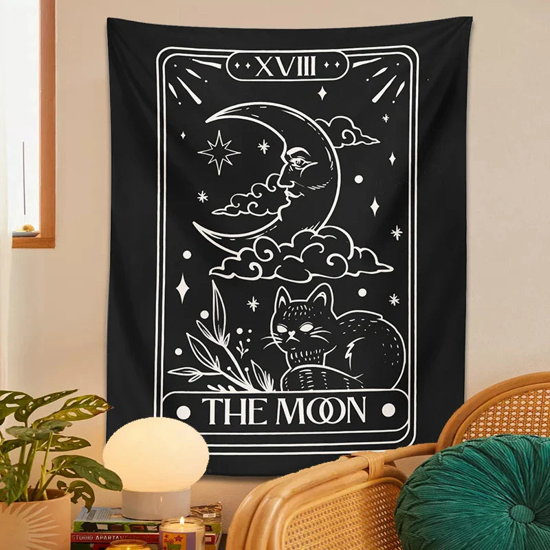 Moon Cat Tapestry Wall Hanging for Mystic Aesthetic by Afralia™