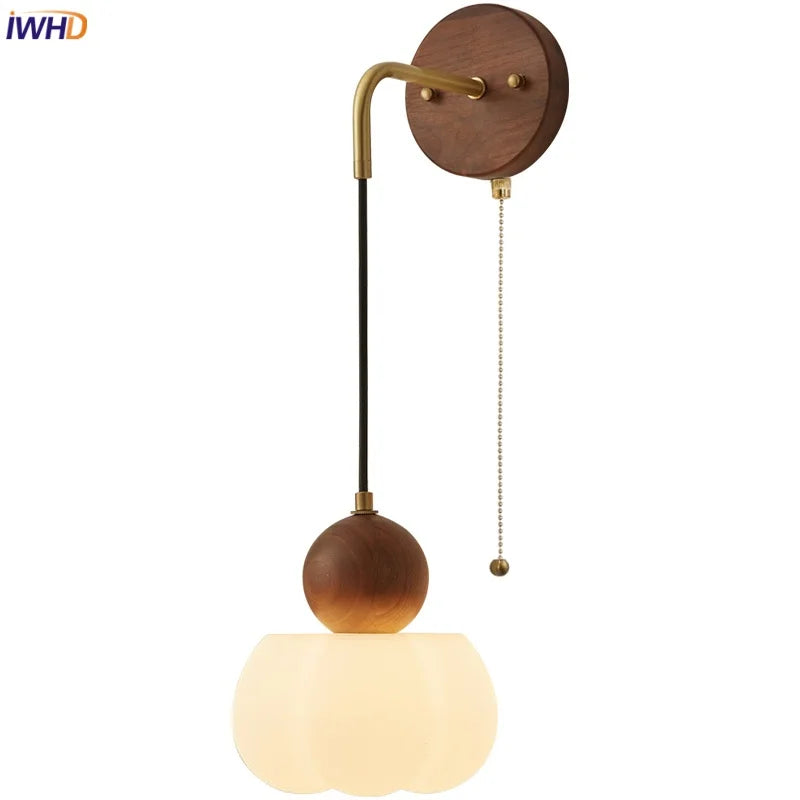 Afralia™ Walnut Wood LED Wall Lamp Sconce Pull Chain Switch Adjustable Art Light