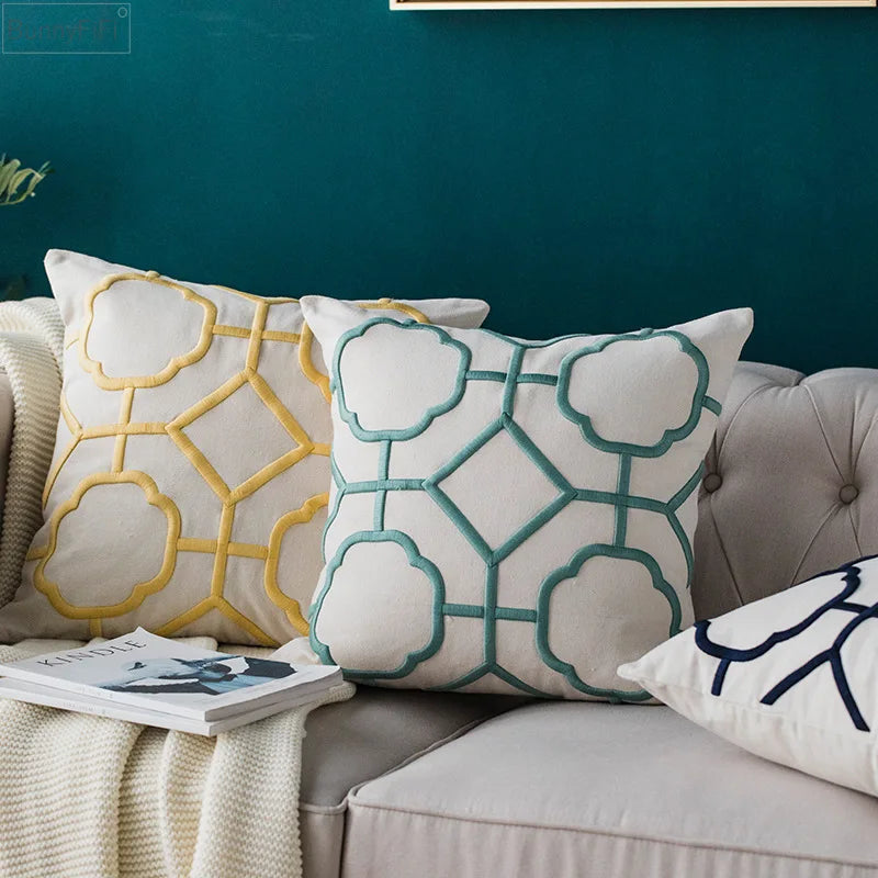 Afralia™ Geometric Embroidery Cushion Cover Navy Blue White Yellow 50x50cm Home Decor Pillow