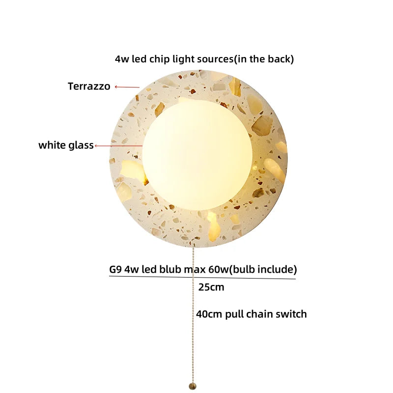Afralia™ Terrazzo Stone Glass LED Wall Light Fixture with Pull Chain Switch