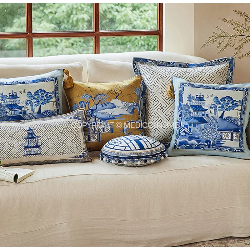 Afralia™ Chintz Blue Cobalt Circular Throw Pillow Covers with Tassels - 35x35cm