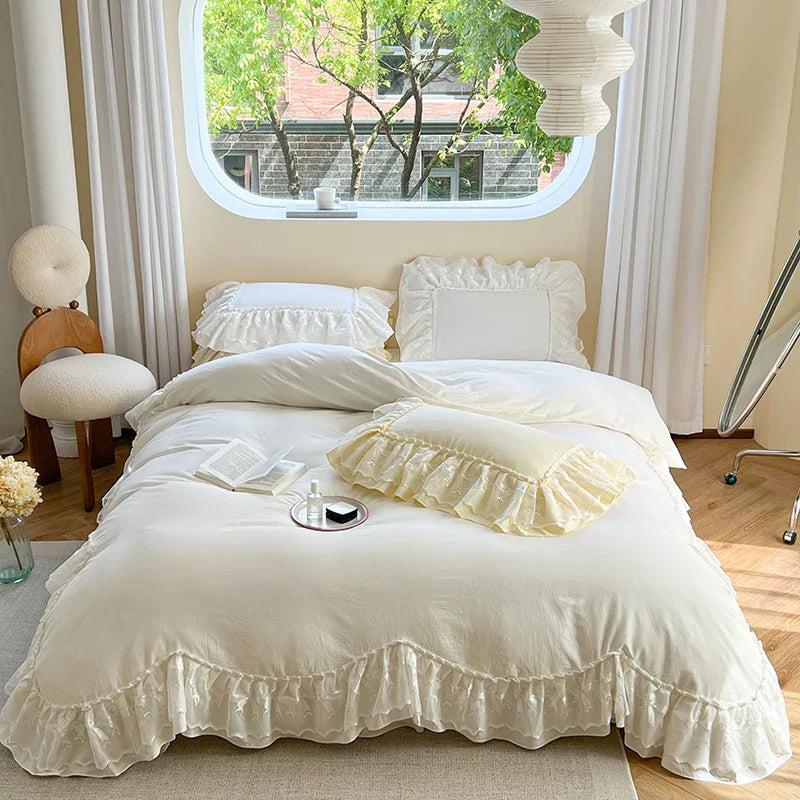 Afralia™ Lace Ruffles Bedding Set in Pearl White Cream Yellow Princess Cotton