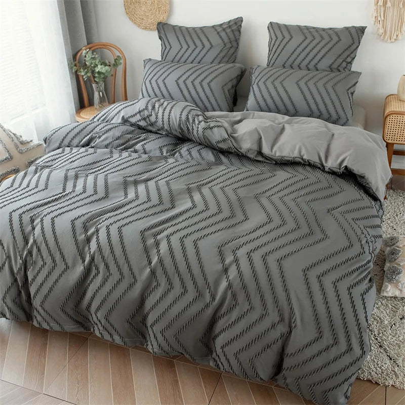 Afralia™ Colorful Stripe Flower Cut Bed Set - Full Queen King Size Duvet Cover with Pillowcases