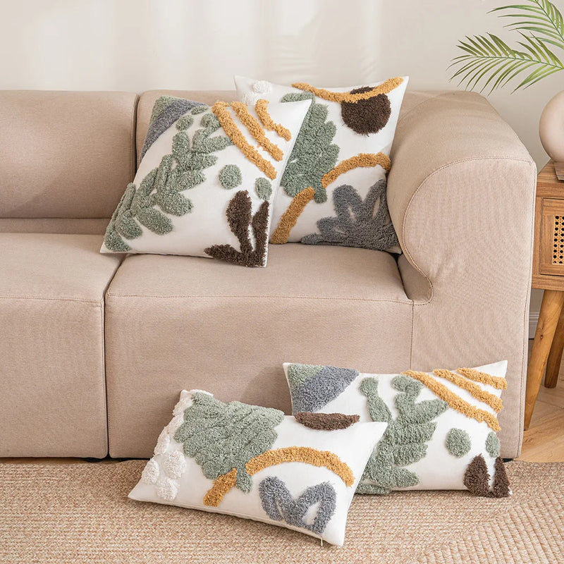 Afralia™ Leaf Embroidered Boho Tufted Cotton Canvas Cushion Cover for Sofa Living Room