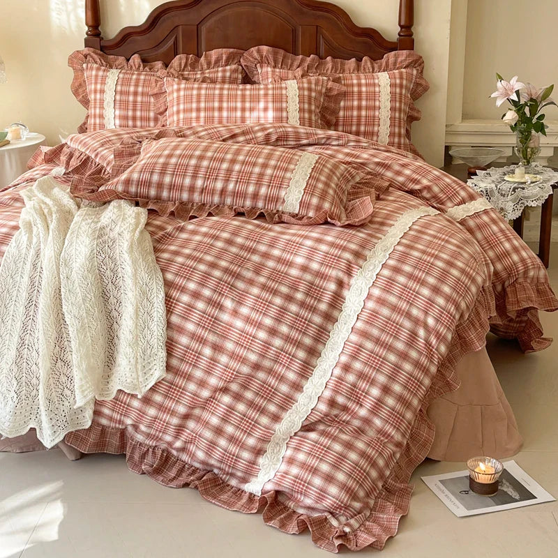 Afralia™ Plaid French Pastoral Cotton Bedding Set Full Queen King Size
