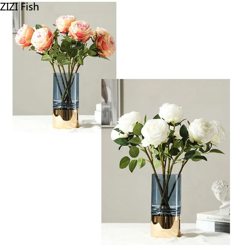 Afralia™ Gold Glass Vase Clear Desk Decor Hydroponic Floral Arrangement Bud Flower Pot