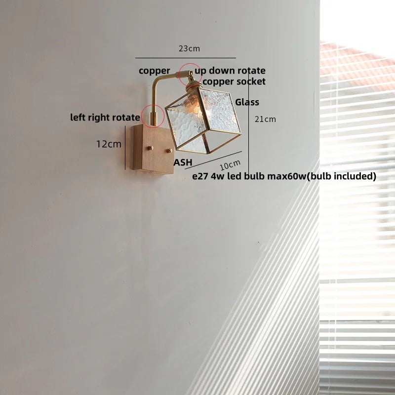 Afralia™ Walnut LED Wall Lights Pull Chain Switch Bedside Lamp Vintage Cube Glass Stair Light