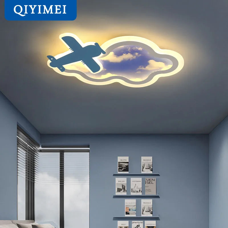 Afralia™ Blue Sky Airplane Chandelier: Kids Study Room Decoration & Dimmable Indoor Lighting