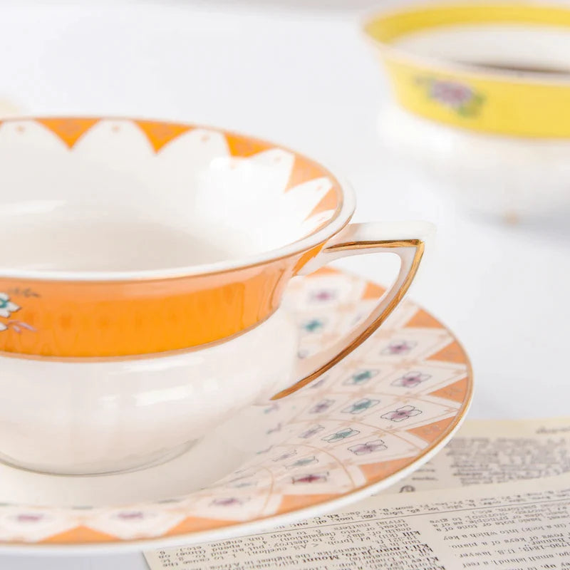 Afralia™ Bone China Flower Coffee Cup Saucers Set, Elegant Pastoral Tea Time Essentials