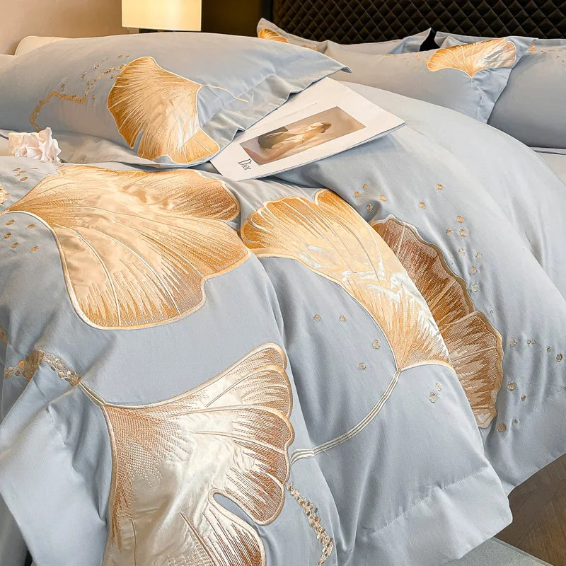Afralia™ Gold Ginkgo Leaf Embroidery Bedding Set - 100% Cotton Luxury 4Pcs