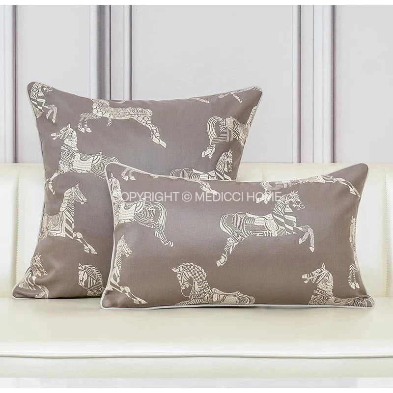 Afralia™ Gold Faux Silk Horses Jacquard Cushion Cover, Soft Chinese Style Throw Pillow Case