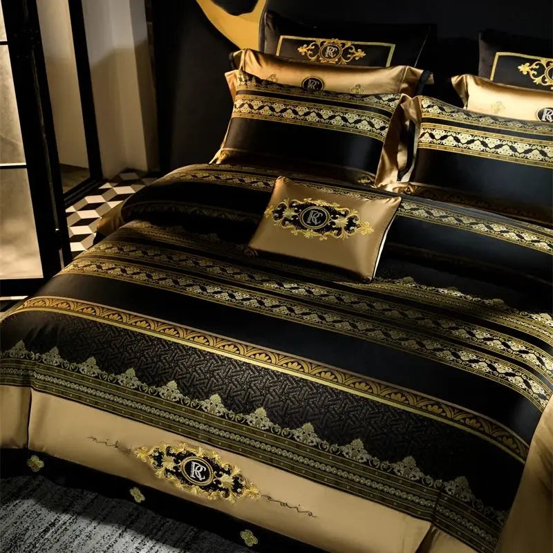 Afralia™ Luxury Embroidery Brocade Cotton Bedding Set with Duvet Cover, Sheet, and Pillowcases