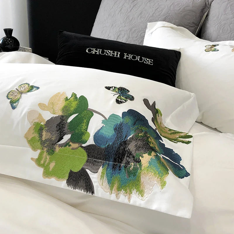 Afralia™ Luxury Egyptian Cotton Bedding Set, Flowers Embroidery, 1000TC