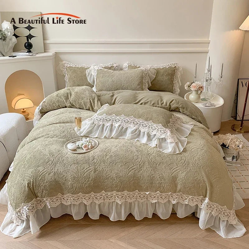 Afralia™ Luxe Velvet Lace Ruffle Duvet Set with Plush Pillowcases, Winter Bedding Collection