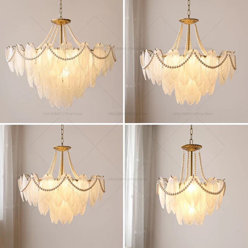 Afralia™ Cream Wind Feather Pearl Crystal Chandelier for Luxury Living Room and Bedroom