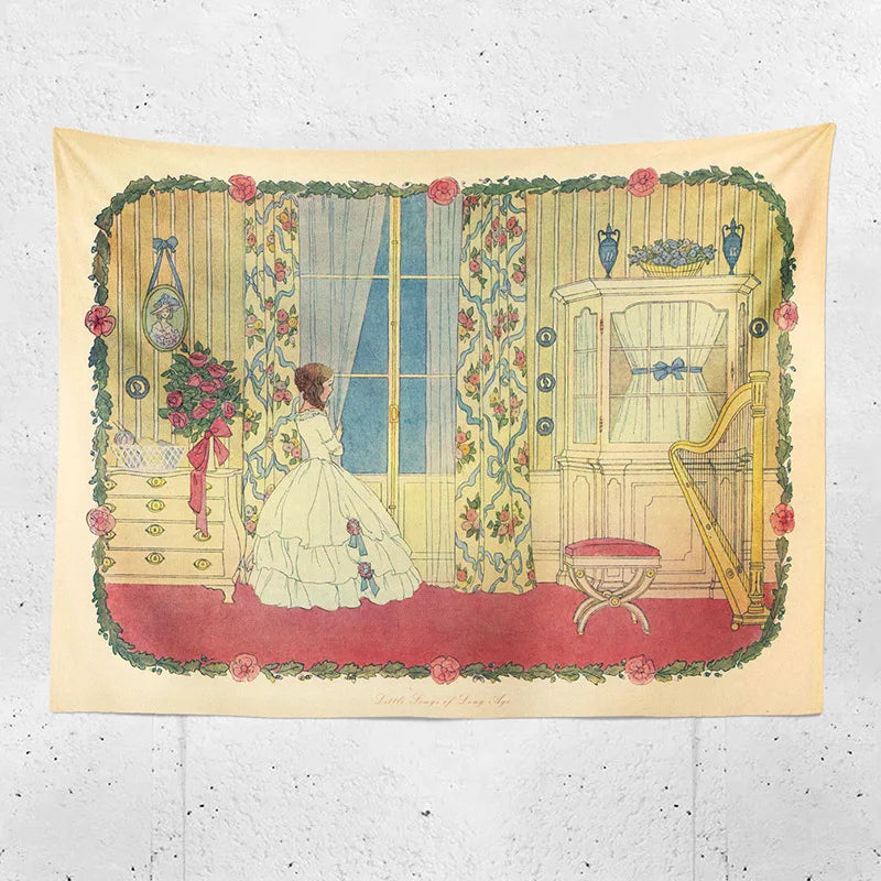 Afralia™ Retro Fairy Tale Princess Room Wall Tapestry Illustration Bedside Decor