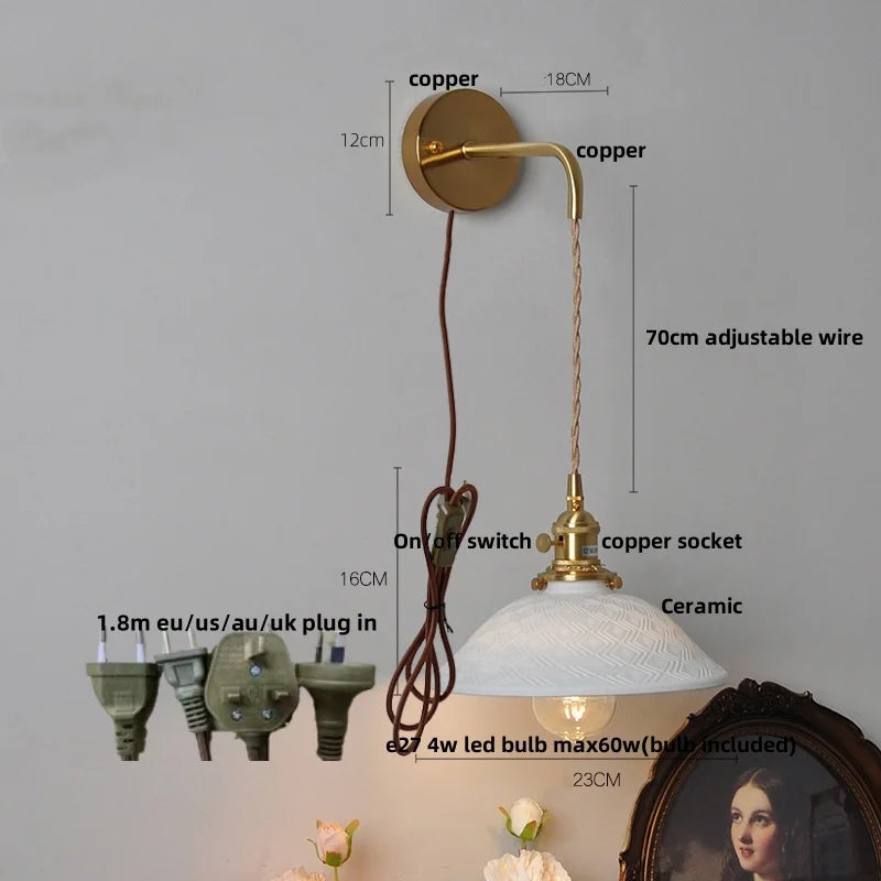 Afralia™ Ceramic Brass LED Wall Light Pull Chain Switch Modern Nordic Design
