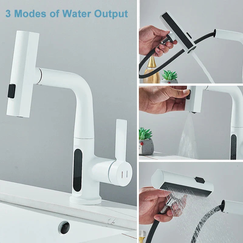 Afralia™ Digital Display Basin Faucet with 3-Way Nozzle: Pull Out, Rainfall Stream, Hot Cold Mixer