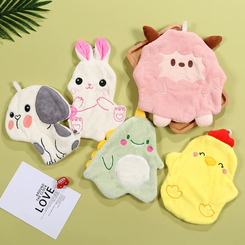 Afralia™ Cartoon Animal Shape Coral Velvet Hand Towel for Kids, Absorbent Kitchen Bathroom Cleaning Towels