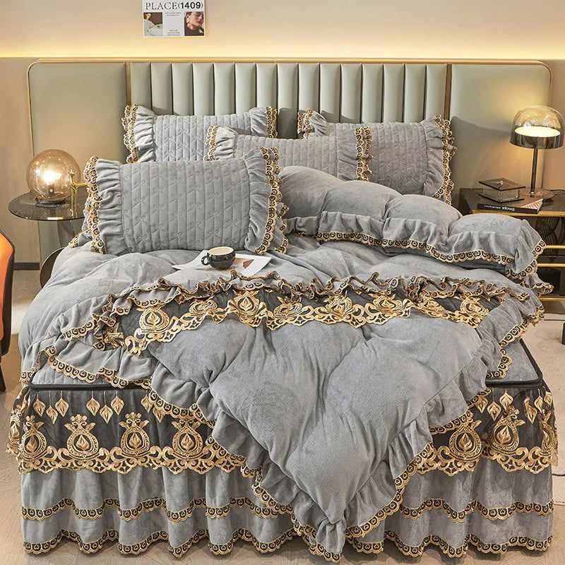 Afralia™ Velvet Bedding Set with Gold Lace Ruffles, Removable Bed Skirt & Pillowcase