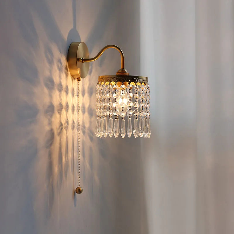 Afralia™ Crystal LED Wall Sconce Brass Mirror Light Modern Nordic Pull Chain Switch