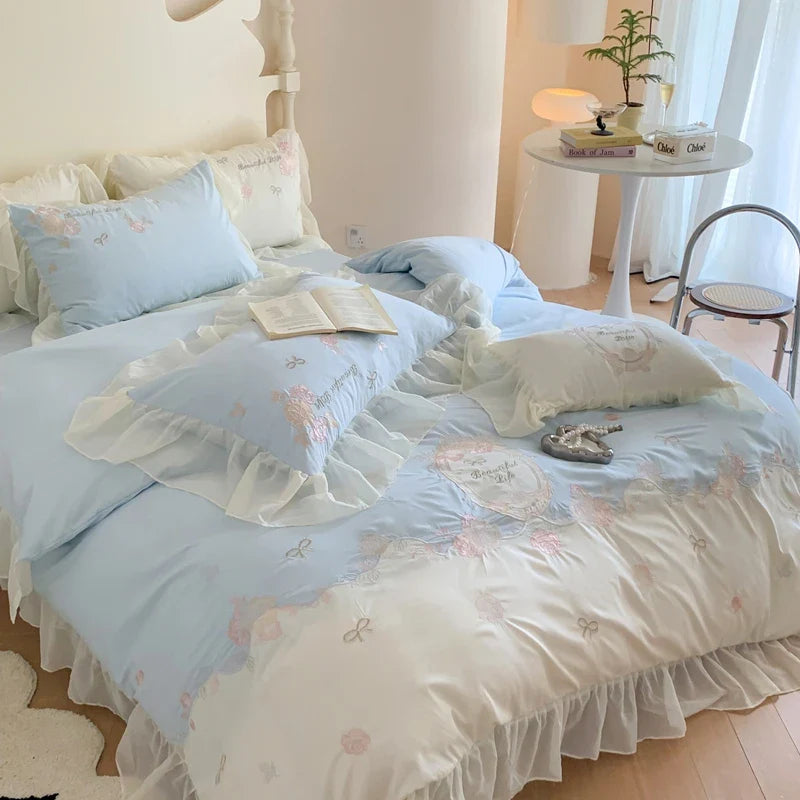 Afralia™ 4Pcs Flowers Embroidery Princess Queen Bedding Set with Lace Ruffles