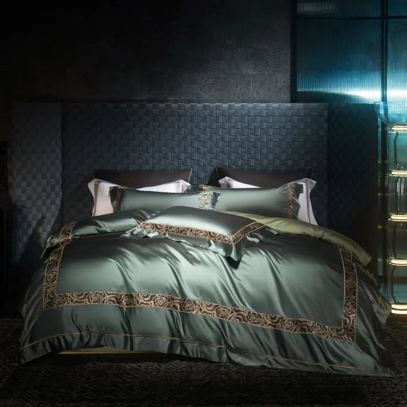 Afralia™ Satin Brocade Luxe Embroidery Bedding Set Champagne Cotton Duvet Cover Bed Sheet Pillowcases