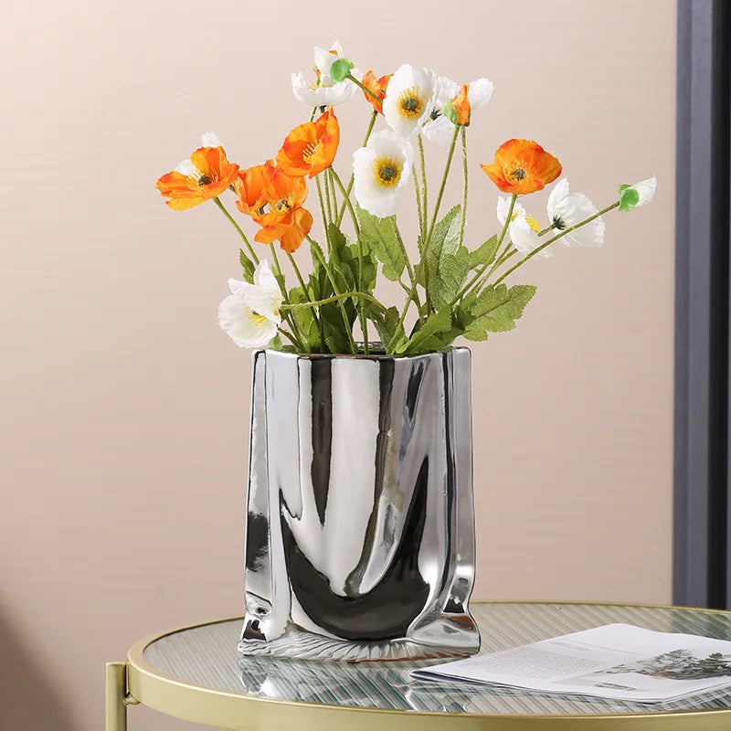 Afralia™ Silver Ruffled Flower Vase Porcelain Terrarium Home Decoration