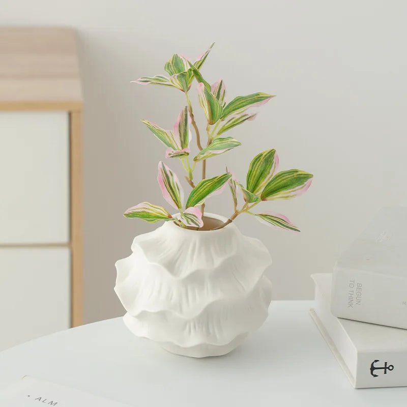 Afralia™ White Ceramic Irregular Fold Calabash Vase - Room Decoration Floral Arrangement Pot