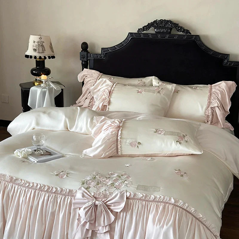 Afralia™ French Bow Ruffle Flower Embroidery Bedding Set - Luxury Lyocell Cotton