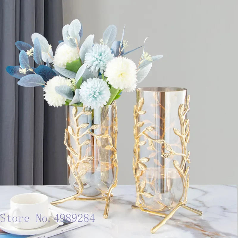 Afralia™ Gold Frame Glass Vase with Rattan Branches for Home Decor & Flower Arrangement