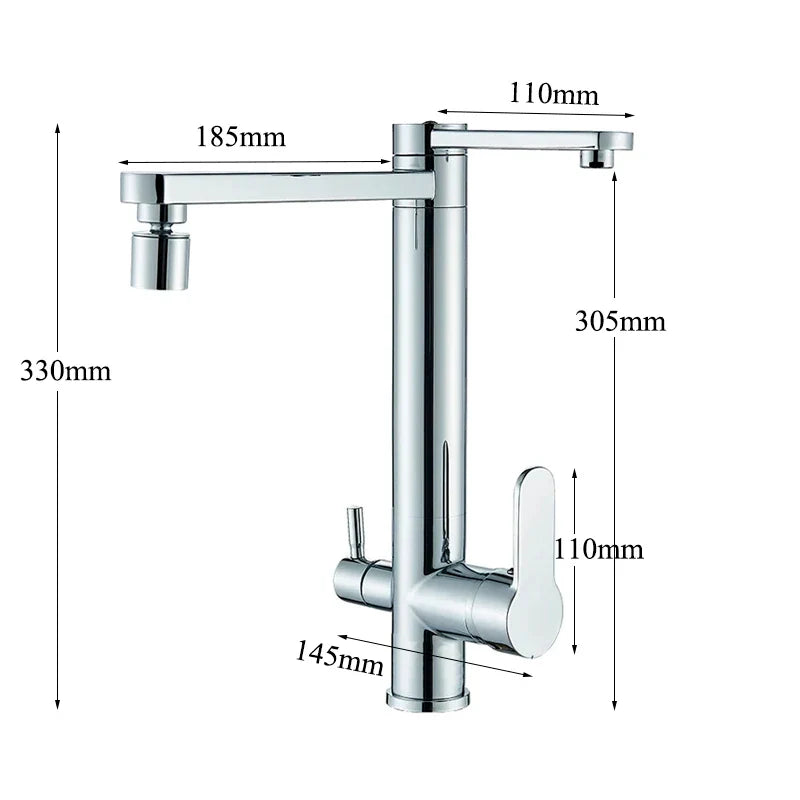 Afralia™ Chrome Dual Handle Dual Spout Kitchen Faucet - 360° Swivel Mixer Tap