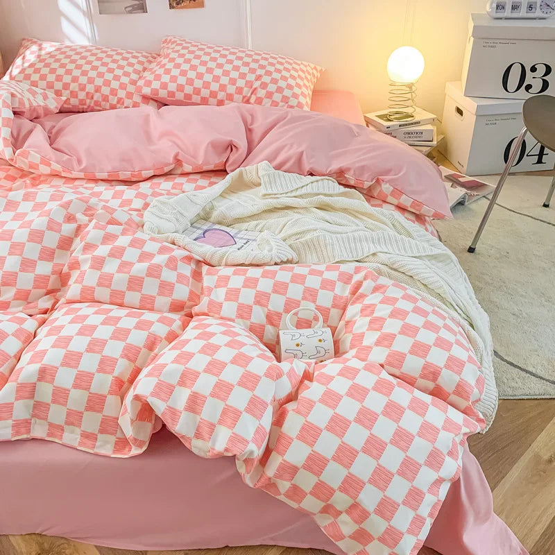 Afralia™ Nordic Checkerboard Pattern Washed Cotton Bedding Set for All-Season Comfort