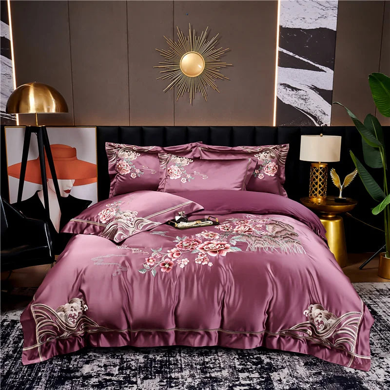 Afralia™ Peony Flowers Embroidery Bedding Set - Luxury Chinese Style - Duvet Cover & Sheets